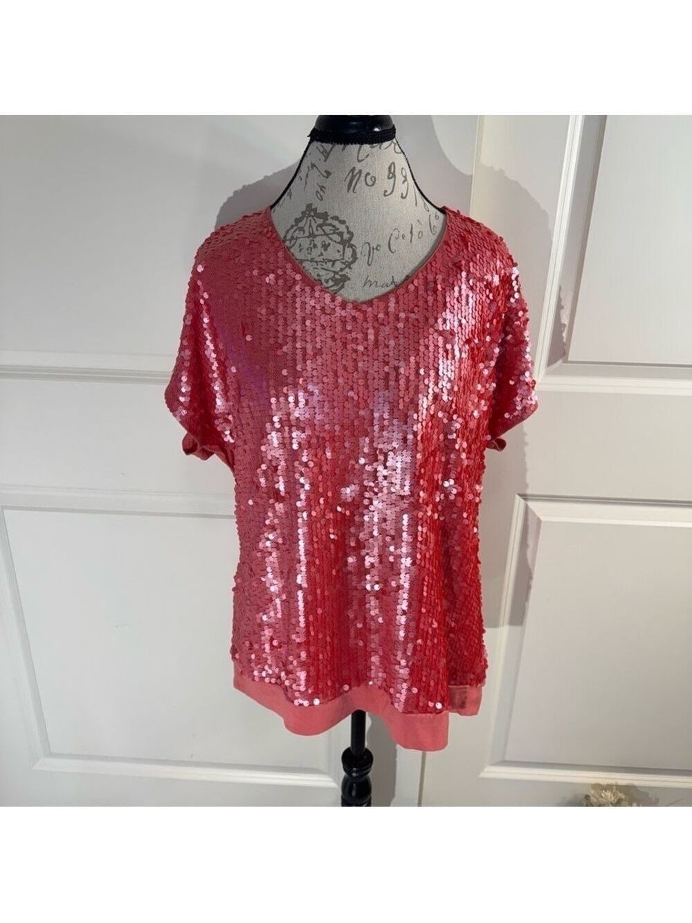 Coldwater Creek Coral Sequin Short Sleeve Top Large